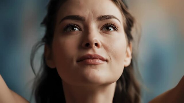 Woman's thoughtful gaze evolving to an upward, hopeful look. A shift from introspection to aspiration represented in changing expressions, footage.