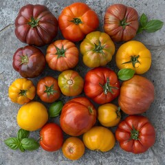 Assorted Fresh Heirloom Tomatoes in Red Yellow and Green with Basil Leaves on Rustic Stone Background