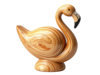 Rustic Wooden Flamingo Sculpture with Textured Carvings, Angled Perspective, Isolated on Transparent Background