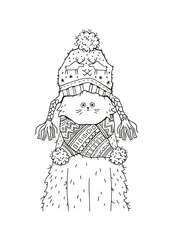 Cute cat in a knitted hat, scarf and mittens. illustration for coloring book.