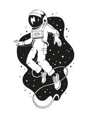 Astronaut in outer space. Black and white outline illustration.