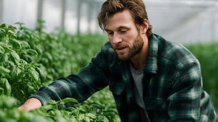 A man inspects lush green plants growing in a greenhouse