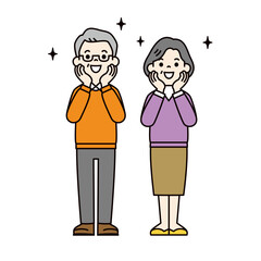 頬に手を当てて期待する、シニア世代の老夫婦の全身ベクターイラスト素材＿カラー