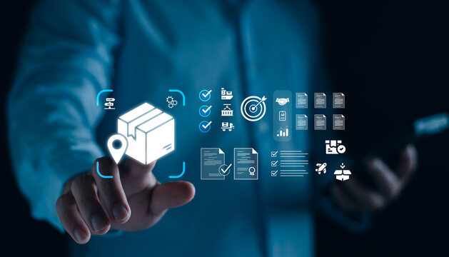 Businessman touch icon manage supply chain for Logistic, organizing and controlling resources to meet the needs of customers, Logistic and transport concept on black background.