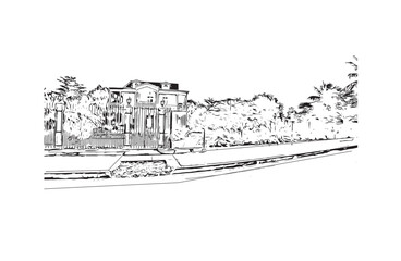 Print Building view with landmark of Kosice city. Hand drawn sketch illustration in vector.