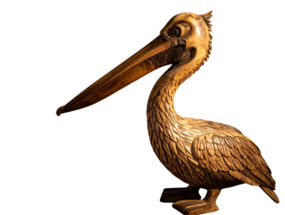  Rustic Wooden Pelican Sculpture with Carved Feather Details, Angled Perspective, Isolated on Transparent Background