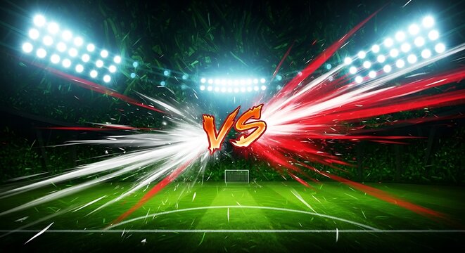 Dynamic sports showdown concept featuring a vibrant stadium backdrop and electrifying red and white streaks representing intense competition and rivalry