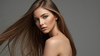 Naklejka premium Beautiful Young Woman with Long Straight Hair Natural Beauty Portrait on Gray Background