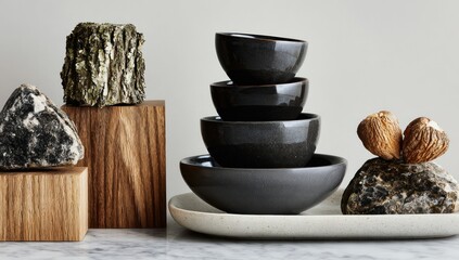 Stacked dark gray bowls sit atop wooden blocks and a light-colored tray, accented by natural elements like bark and rocks, creating a sophisticated and rustic display.