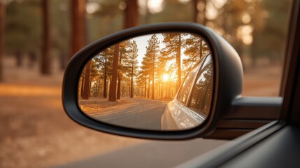 Serene Reflection of Pine Forest in Car Side Mirror During Sunset on Scenic Road, Capturing Warm Light and Tranquil Atmosphere of Nature