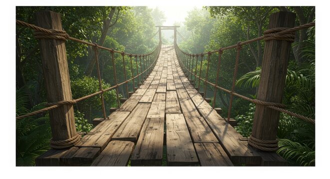 Fototapeta Low-angle perspective of a weathered wooden rope bridge with jungle adventure vibe in watercolor hyper realistic style