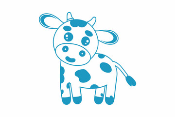 Cartoon Holstein calf with light blue spots stands calmly on a white background