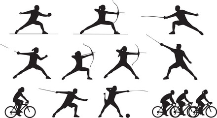 Dynamic athletes showcase diverse sports like archery, fencing, cycling, and ball games with powerful silhouettes, perfect for motivational content.