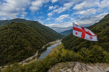 Geiorgian Flag with beautiful mountain view