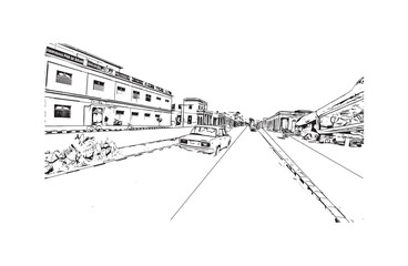 Print Building view with landmark of Kosice city. Hand drawn sketch illustration in vector.