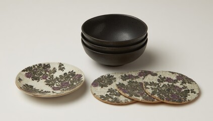 A set of decorative ceramic bowls, a plate, and coasters, featuring a delicate floral design in shades of purple and dark gray on a light beige background.