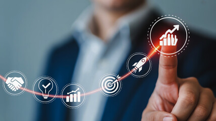 A digital business concept illustration with a curved line of interconnected icons against a blurred blue-gray background