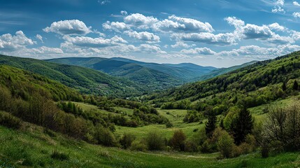 Naklejka premium Panoramic View Of Lush Green Valley With Hills And Cloudy Sky