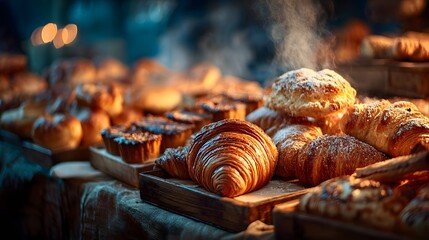 Mouth-watering, abundant display of assorted fresh pastries, croissants, and danishes at a bakery, shown with warm inviting glow and steam rising.