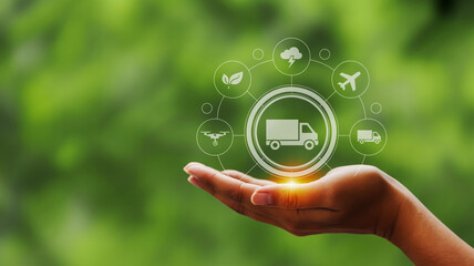 A digital illustration of a hand holding a glowing circular interface against a soft green bokeh background