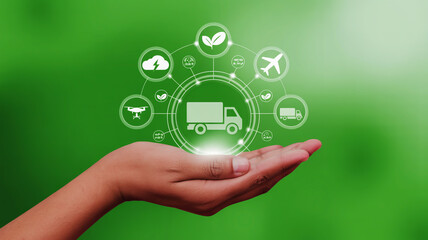 A digital illustration of a hand holding a glowing circular interface against a soft green bokeh background