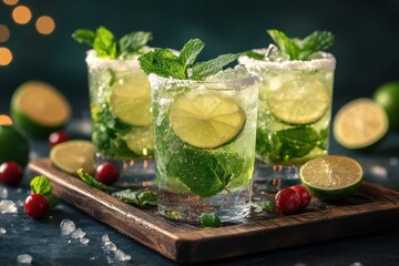 mojitos with lime and mint in glasses.