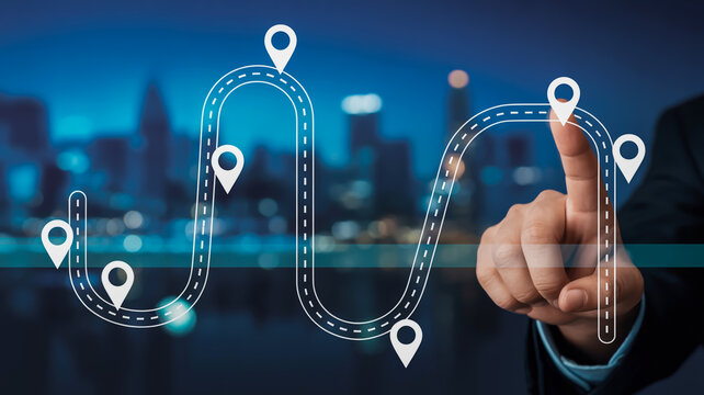 A digital illustration of a winding road timeline visualization against a blurred cityscape background.