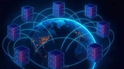 A modern digital representation of interconnected servers surrounding a glowing globe, symbolizing global data connectivity and networking. - Powered by Adobe