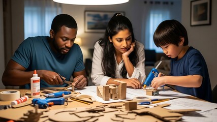 Family Creative Project: A multi-ethnic family, including parents and their young son, collaborate on a cardboard model-making project at home, fostering creativity and teamwork.