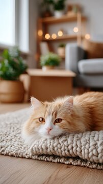 Ginger Cat Resting on Knitted Rug in Brightly Lit Living Room
