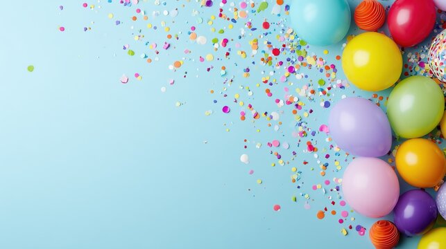 Top-down view of birthday party decorations on light blue background, colorful balloons and confetti scattered on left side, festive celebration setting for product photography.
