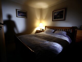 Shadow figure observing a bedroom creating fear and mystery