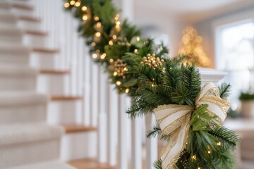 Christmas staircase garland with pine branches velvet ribbon gold berries and white lights