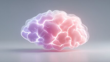 Glowing Holographic Brain with Circuit Patterns on Gray Background