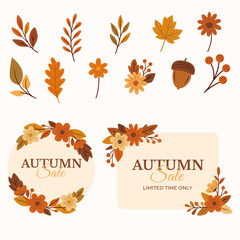 Autumn-themed vector set featuring decorative leaves, berries, flowers, and acorns in warm seasonal tones. Includes two promotional sale banners—one circular wreath and one rectangular layout