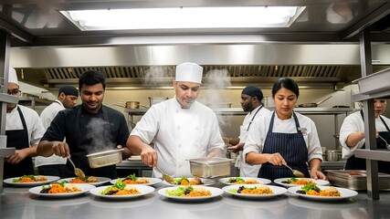 Culinary Teamwork: A diverse group of chefs in a professional kitchen meticulously plating gourmet dishes with precision and collaborative effort.