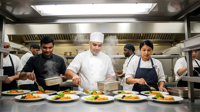 Culinary Teamwork: A diverse group of chefs in a professional kitchen meticulously plating gourmet dishes with precision and collaborative effort. - Powered by Adobe