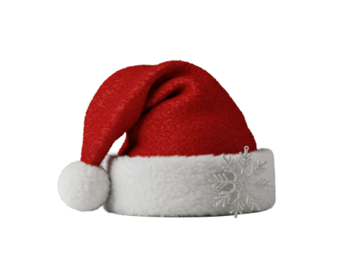 Classic Santa Claus hat of plush red velvet with thick white faux fur trim and pom-pom, with silver snowflake ornament, on transparent background, elegant festive product concept