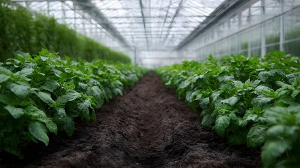 Lush green plants growing in neat rows inside a modern greenhouse illuminated by natural light