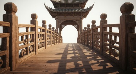 Obraz premium Intricately carved wooden Chinese moon bridge with dramatic entry perspective in watercolor hyper realistic style isolated on white background