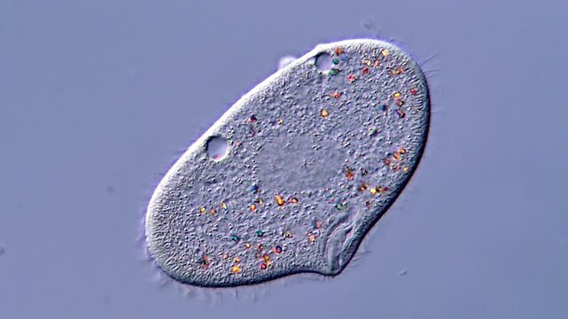 Paramecium protozoa under microscope, pond water sample 