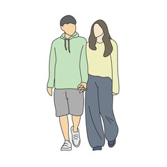 romantic couple holding hands walking illustration vector hand drawn with black lines