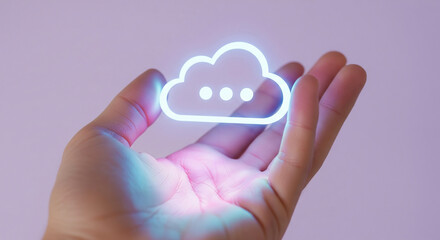 Futuristic concept of cloud technology and digital communication, with a hand holding a glowing neon message icon for data services