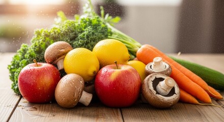 A close-up of a vibrant and diverse collection of fresh produce—apples, lemons, mushrooms, and greens—on a wooden surface, with bright, natural sunlight and misting water.
