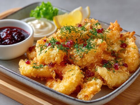 Golden Fried Tempura Shrimp Placed on a Rectangular Plate with Garnishes and Dipping Sauces
