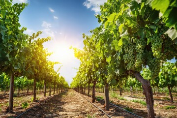 Naklejka premium Vineyard Row Under Sunny Sky
