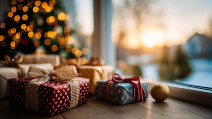 Cozy winter setting with a Christmas tree, decorations, and gift-wrapped presents near a window with falling snow