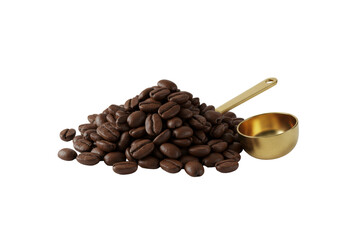 Obraz premium Deep brown dark roasted coffee beans and polished brass scoop on immaculate transparent background, high-key studio shot, premium coffee product concept