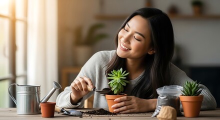 Woman Gardening with Succulents.