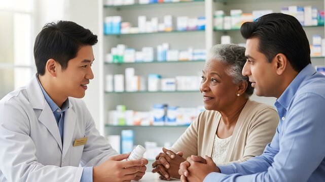 Pharmacy Consultation Moment: A compassionate pharmacist explains medication instructions to a senior African American woman, accompanied by her son, inside a modern pharmacy. - Powered by Adobe